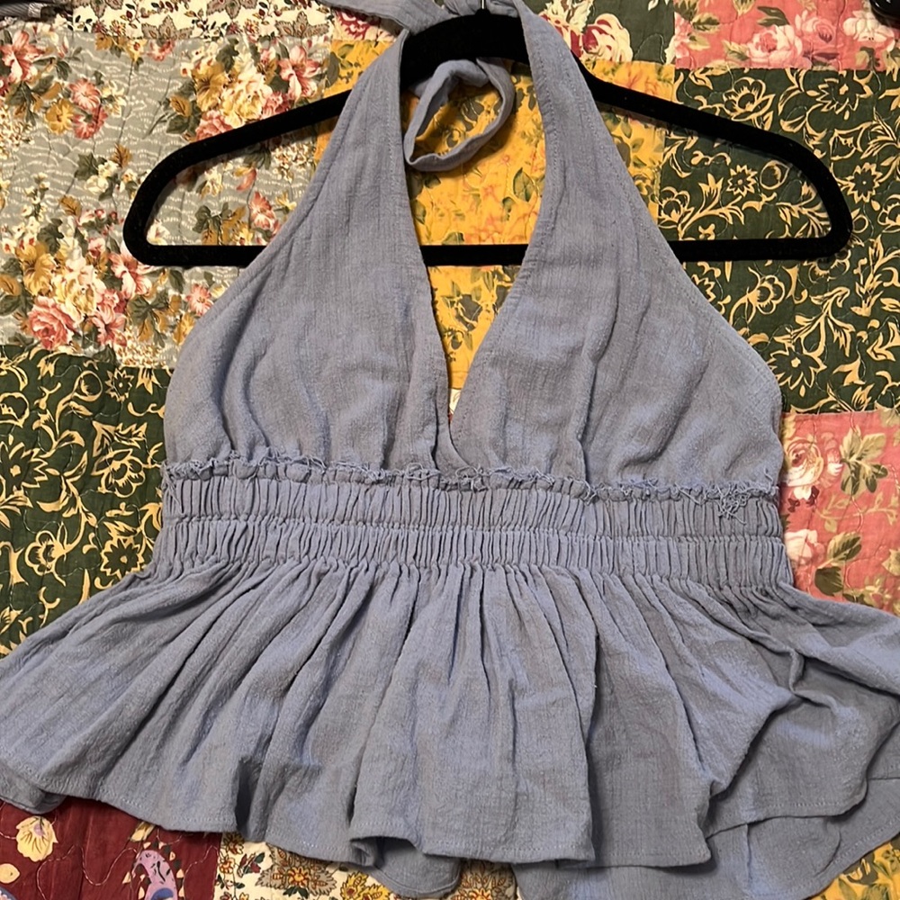 Blue halter top.